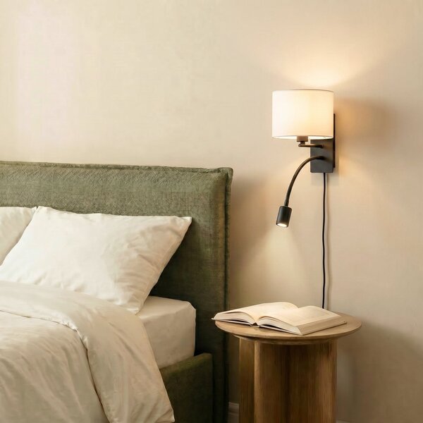Lindby Aplică de perete Florens, negru, lampă citit cu LED, 23,5 cm, reglabil, Alb, Camera de zi / sufragerie, Țesătură / Textil, Modern, Lumină de lectură