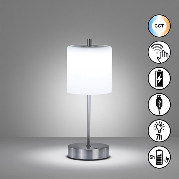 FH Lighting Lampă de masă reîncărcabilă cu LED Riva nickel/opal Înălțime 34,5 cm, reglabil, Alb, Camera de zi / sufragerie, Sticlă, Modern