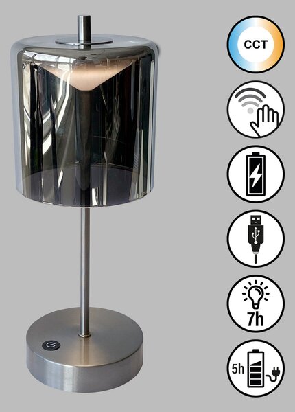 FH Lighting Lampă de masă reîncărcabilă cu LED Riva, nichel/fum Înălțime 34,5 cm, reglabil, Gri, Camera de zi / sufragerie, Sticlă, Modern