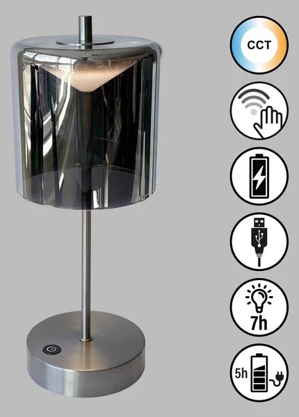 FH Lighting Lampă de masă reîncărcabilă cu LED Riva, nichel/fum Înălțime 34,5 cm, reglabil, Gri, Camera de zi / sufragerie, Sticlă, Modern