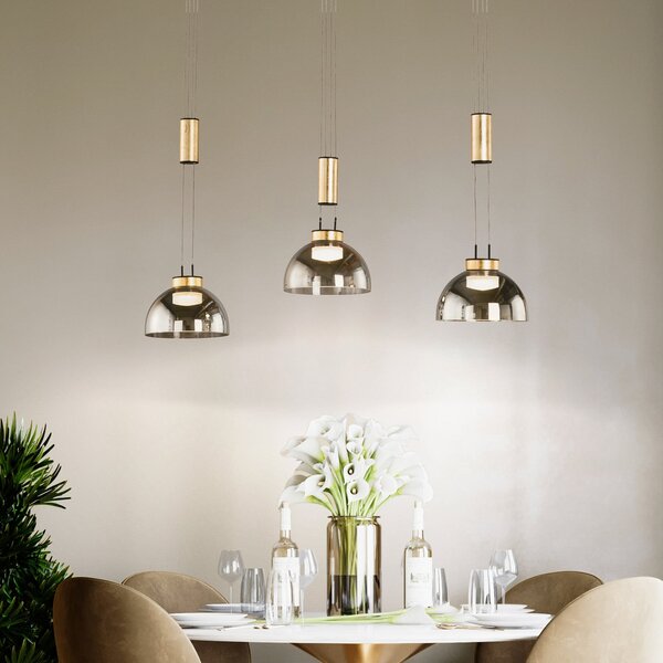 FISCHER & HONSEL Lampă suspendată Avignon 3 becuri sticlă fumurie/negru/auriu, reglabil, Gri, Camera de zi / sufragerie, Sticlă, Modern