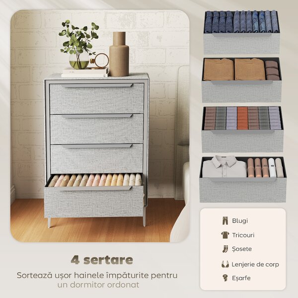 HOMCOM Comoda cu 4 Sertare în Oțel cu Acoperire în Țesut cu Efect de In, 60x36x88 cm, Gri | Aosom Romania