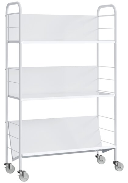 HOMCOM Cărucior Modern pentru Cărți cu 3 Nivele și Roți Pivotante pentru Cărți și Reviste, 69x26x108 cm, Alb | Aosom Romania