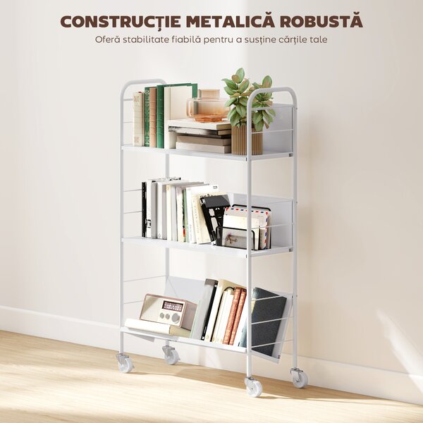 HOMCOM Cărucior Modern pentru Cărți cu 3 Nivele și Roți Pivotante pentru Cărți și Reviste, 69x26x108 cm, Alb | Aosom Romania