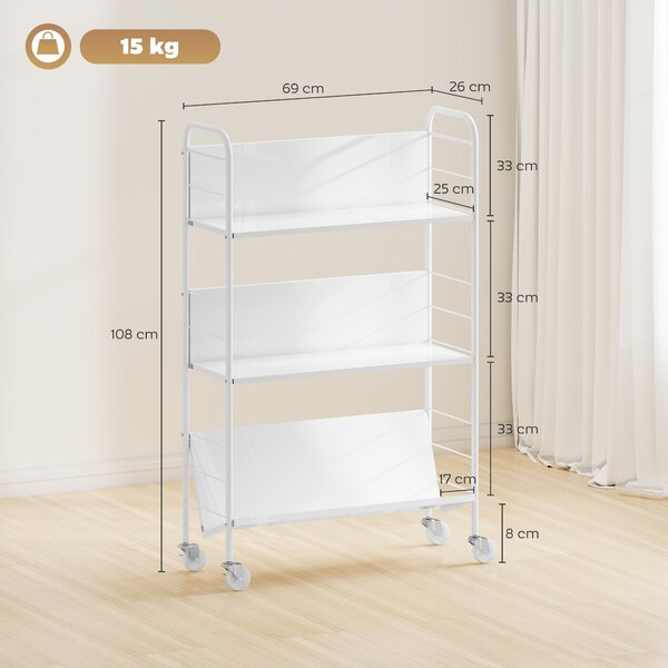HOMCOM Cărucior Modern pentru Cărți cu 3 Nivele și Roți Pivotante pentru Cărți și Reviste, 69x26x108 cm, Alb | Aosom Romania