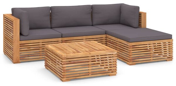 Set mobilier grădină cu perne gri închis 5 piese lemn masiv tec
