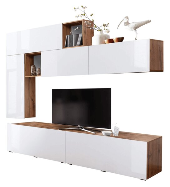 KONDELA Perete living, alb cu luciu extra ridicat HG/stejar wotan, MIRALDA
