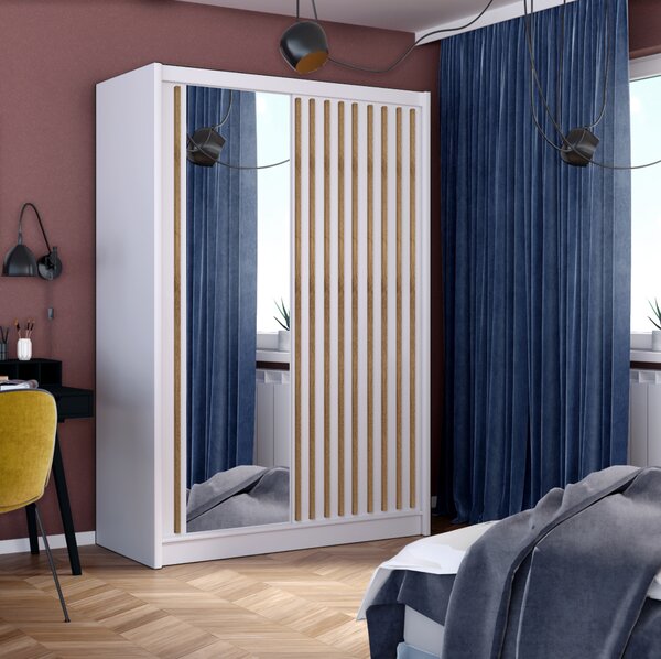 KONDELA Dulap cu uşi glisante, alb / stejar craft, 150x215 cm, LADDER