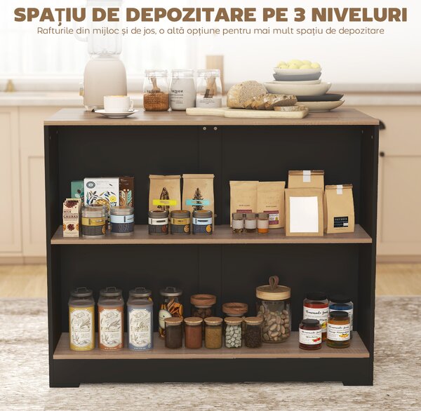 HOMCOM Bar Insulă de Bucătărie cu 3 Rafturi pentru Sufragerie, 113x60x90 cm, Negru și Lemn | Aosom Romania