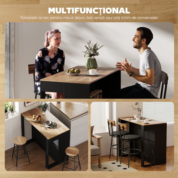 HOMCOM Bar Insulă de Bucătărie cu 3 Rafturi pentru Sufragerie, 113x60x90 cm, Negru și Lemn | Aosom Romania
