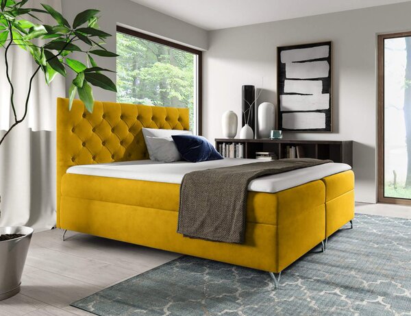KONDELA Pat cu boxspring, 200x200, velur galben, GULIETTE + cadou