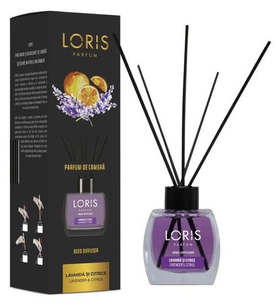 Sticluta cu odorizant lichid si betisoare, 125 ml, Loris Lavanda si citrice