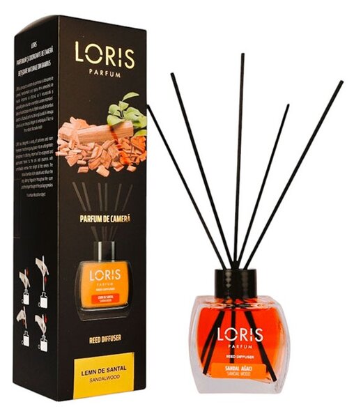 Sticluta cu odorizant lichid si betisoare, 125 ml, Loris Lemn de Santal