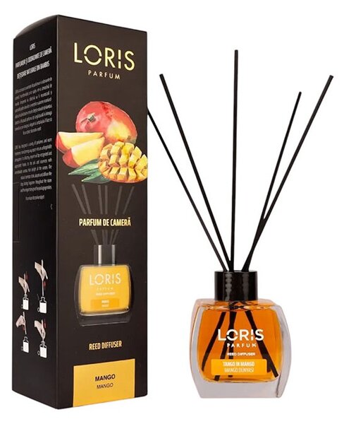 Sticluta cu odorizant lichid si betisoare, 125 ml, Loris Mango