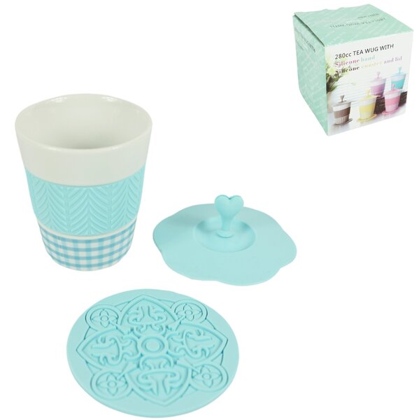 Cana din portelan AQUELLE cu accesorii din silicon 280 ml, albastru