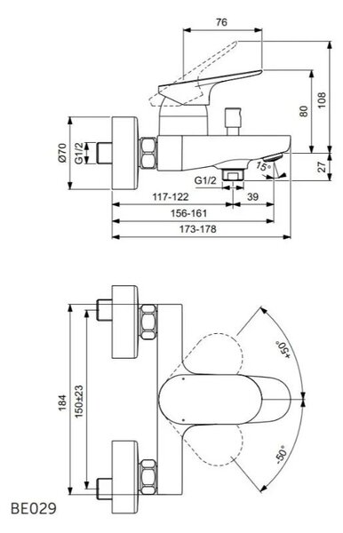 Baterie cadă-duș Ideal Standard, Ceralife O cu divertor automat, crom