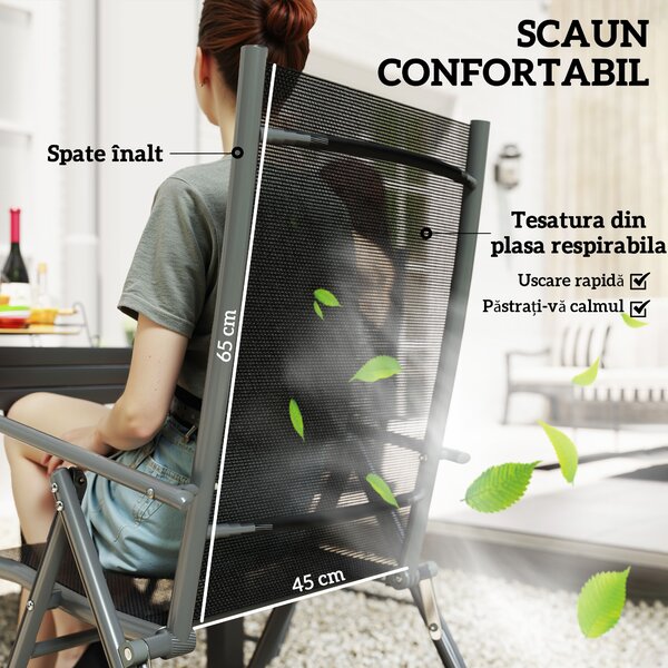 Outsunny Set de Grădină din 7 Piese cu Masă Extensibilă și 6 Scaune Pliabile cu Brațe, 90/180x90x75 cm, Gri și Negru | Aosom Romania