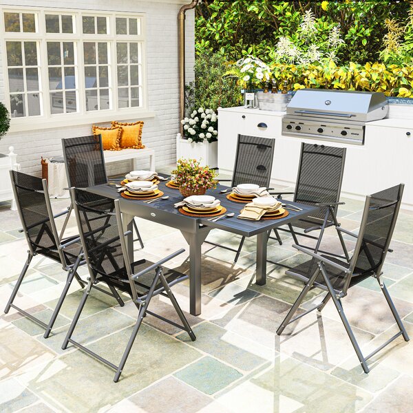 Outsunny Set de Grădină din 7 Piese cu Masă Extensibilă și 6 Scaune Pliabile cu Brațe, 90/180x90x75 cm, Gri și Negru | Aosom Romania