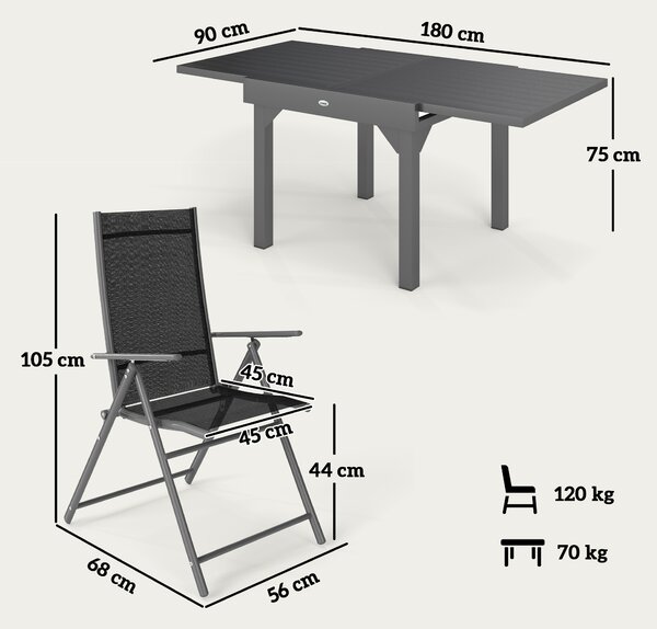 Outsunny Set de Grădină din 7 Piese cu Masă Extensibilă și 6 Scaune Pliabile cu Brațe, 90/180x90x75 cm, Gri și Negru | Aosom Romania