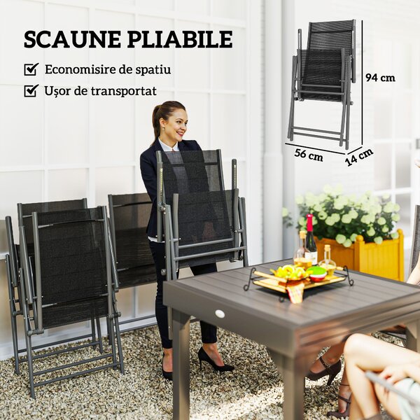 Outsunny Set de Grădină din 7 Piese cu Masă Extensibilă și 6 Scaune Pliabile cu Brațe, 90/180x90x75 cm, Gri și Negru | Aosom Romania