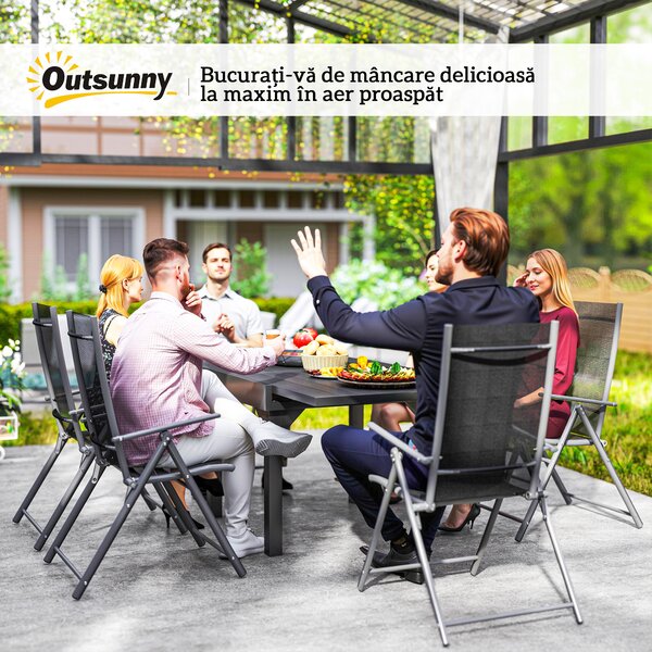 Outsunny Set de Grădină din 7 Piese cu Masă Extensibilă și 6 Scaune Pliabile cu Brațe, 90/180x90x75 cm, Gri și Negru | Aosom Romania