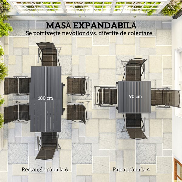 Outsunny Set de Grădină din 7 Piese cu Masă Extensibilă și 6 Scaune Pliabile cu Brațe, 90/180x90x75 cm, Gri și Negru | Aosom Romania