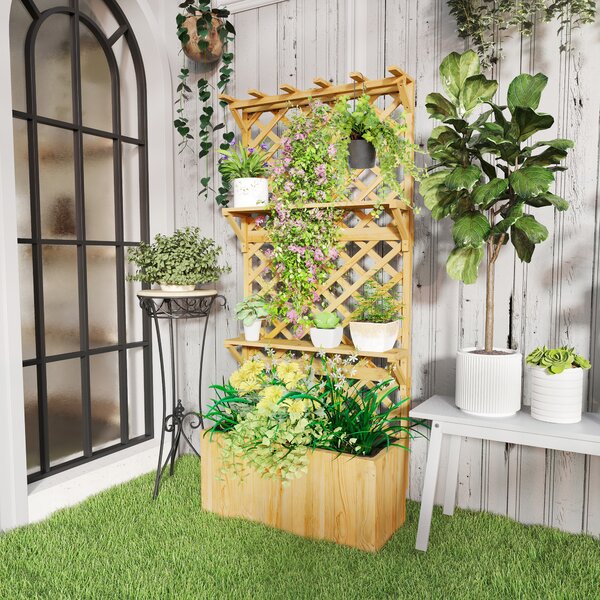 Outsunny Jardinieră din Lemn cu Suport pentru Plante și Orificii de Drenaj, 76x33x177 cm, Natural | Aosom Romania