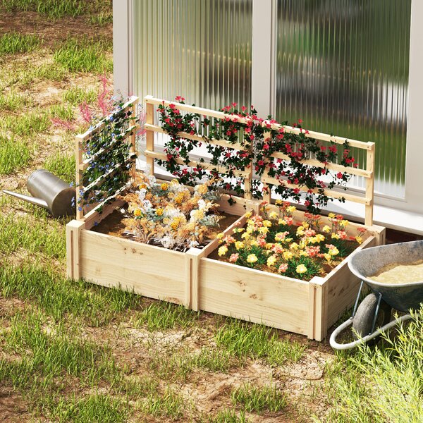 Outsunny Jardinieră Înălțată din Lemn cu 3 Suporturi pentru Plante, 119x62,5x64 cm, Natural | Aosom Romania