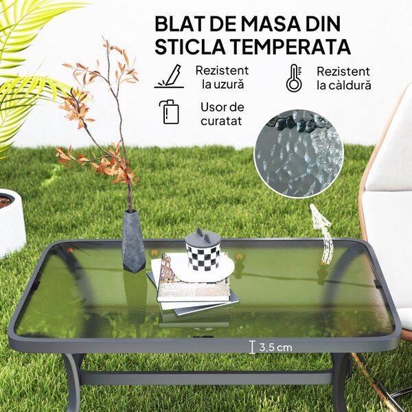 Outsunny Măsuță de Cafea pentru Exterior cu Blat din Sticlă Securizată, 95x55x46 cm, Negru | Aosom Romania