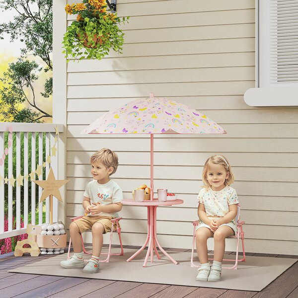 AIYAPLAY Set de Mobilier de Grădină din 4 Piese cu Masă, Scaune și Umbrelă de Soare Reglabilă, 50xΦ49,5 cm, Roz | Aosom Romania