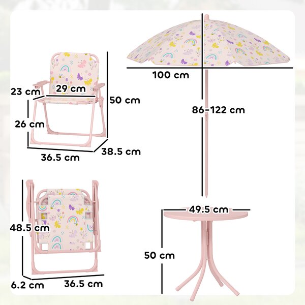 AIYAPLAY Set de Mobilier de Grădină din 4 Piese cu Masă, Scaune și Umbrelă de Soare Reglabilă, 50xΦ49,5 cm, Roz | Aosom Romania