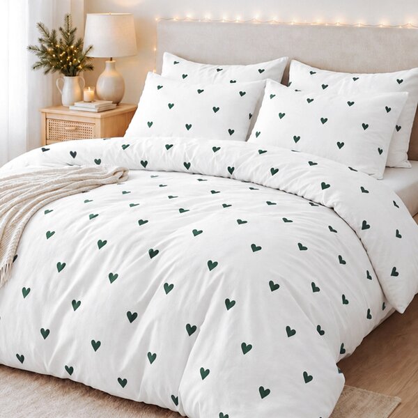 Goldea lenjerie de pat 100% bumbac - inimioare verde închis pe alb 140 x 200 și 50 x 70 cm
