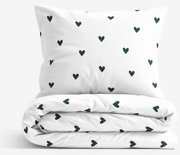 Goldea lenjerie de pat 100% bumbac - inimioare verde închis pe alb 140 x 200 și 50 x 70 cm