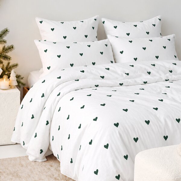 Goldea lenjerie de pat 100% bumbac - inimioare verde închis pe alb 140 x 200 și 50 x 70 cm