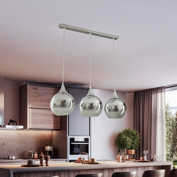 Eko-Light Lampă suspendată Monte, 3 becuri, bară, argintiu, reglabil, Gri, Camera de zi / sufragerie, Sticlă, Modern