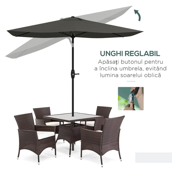 Outsunny Umbrelă de Soare Dreptunghiulară, Umbrelă pentru terasă cu înclinare și deschidere cu manivelă, 300x200x248 cm, Gri | Aosom Romania