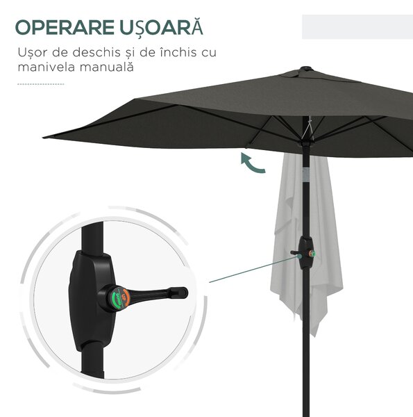 Outsunny Umbrelă de Soare Dreptunghiulară, Umbrelă pentru terasă cu înclinare și deschidere cu manivelă, 300x200x248 cm, Gri | Aosom Romania