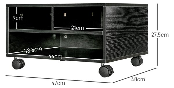 HOMCOM Cabinet pentru Imprimantă cu 2 Rafturi, Birou din Lemn și Cabinet de studiu cu Roți, 47x40x22.5 cm, Negru | Aosom Romania