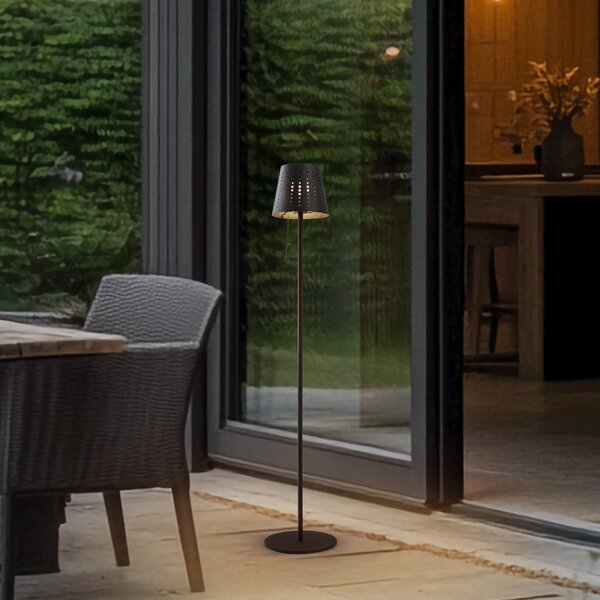Lindby Lampă de podea solară LED Hilario, negru, fier, baterie, reglabil, Negru, Metal, Umbrelă în picioare