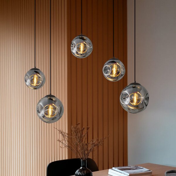 Lindby Suspensie Valentina, E27, înălțime 125,5 cm, gri, sticlă, reglabil, Gri, Camera de zi / sufragerie, Sticlă, Design