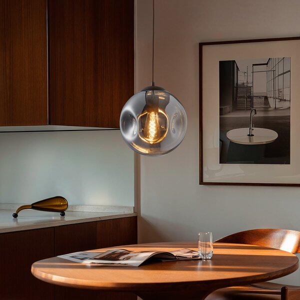 Lindby Suspensie Valentina, E27, Ø 25 cm, gri fumuriu, sticlă, reglabil, Gri, Camera de zi / sufragerie, Sticlă, Design