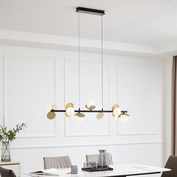 Lucande Lampă suspendată LED Pallo, 7 lumini, negru/auriu, sticlă, reglabil, Negru, Camera de zi / sufragerie, Metal, Modern