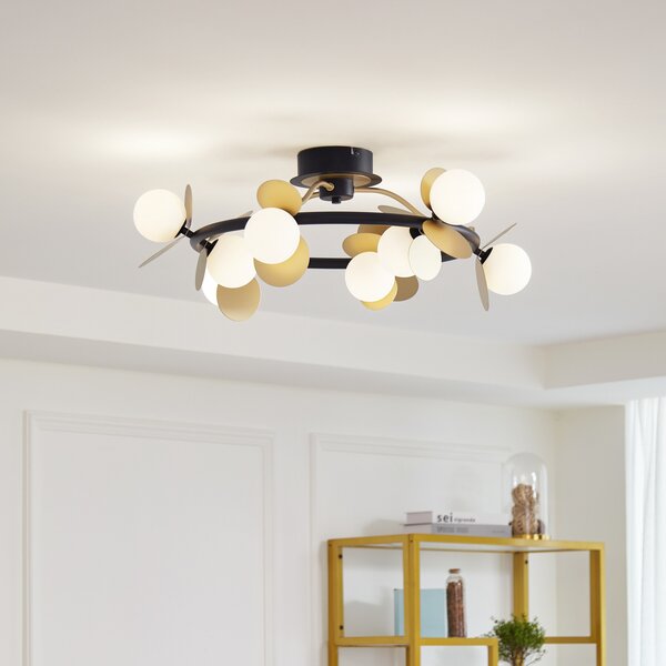 Lucande Plafonieră LED Pallo, 9 lumini, negru/auriu, sticlă, reglabil, Negru, Camera de zi / sufragerie, Metal, Modern