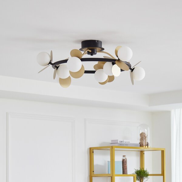 Lucande Plafonieră LED Pallo, 9 lumini, negru/auriu, sticlă, reglabil, Negru, Camera de zi / sufragerie, Metal, Modern