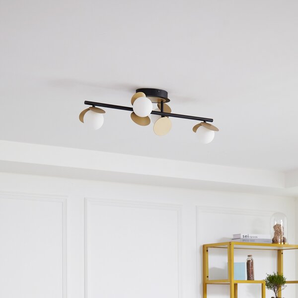 Lucande Plafonieră LED Pallo, 4 lumini, negru/auriu, sticlă, reglabil, Negru, Camera de zi / sufragerie, Metal, Modern