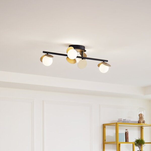 Lucande Plafonieră LED Pallo, 4 lumini, negru/auriu, sticlă, reglabil, Negru, Camera de zi / sufragerie, Metal, Modern