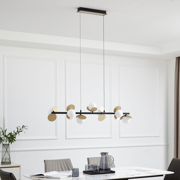 Lucande Lampă suspendată LED Pallo, 7 lumini, negru/auriu, sticlă, reglabil, Negru, Camera de zi / sufragerie, Metal, Modern