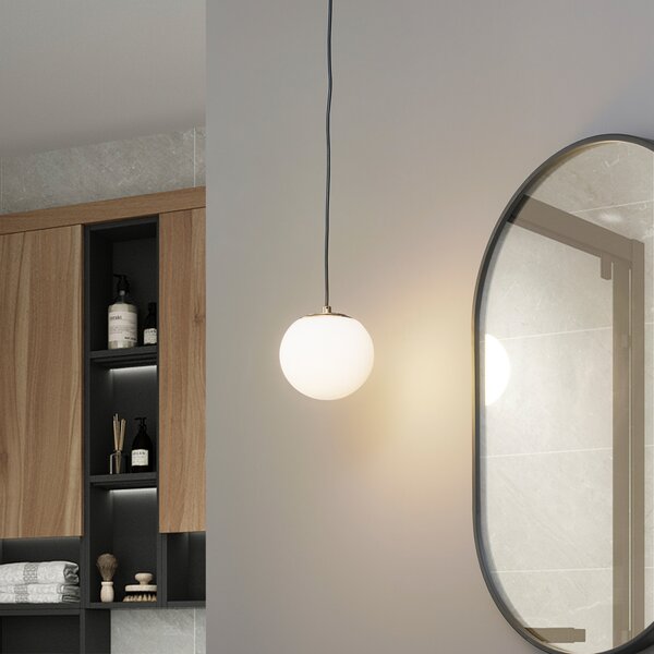 Lucande Lampă suspendată Bidolo, alamă, sticlă, 15 cm, IP44, reglabil, Auriu / Alamă, Baie, Sticlă, glob