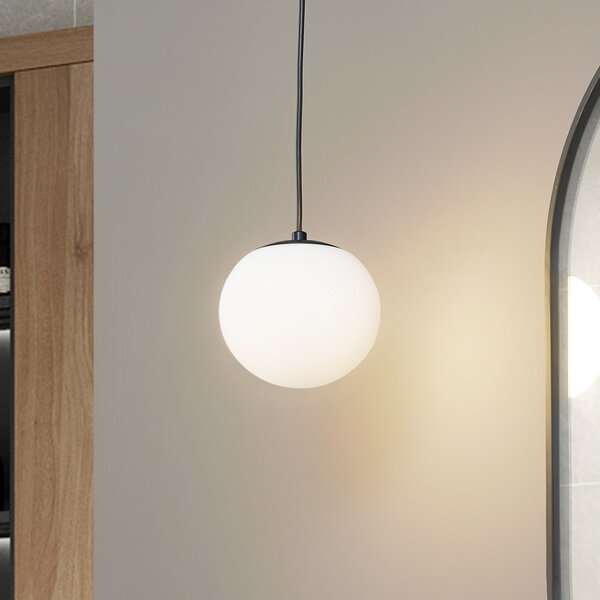 Lucande Lampă suspendată Bidolo, negru, sticlă, Ø 15 cm, IP44, reglabil, Alb, Baie, Sticlă, glob