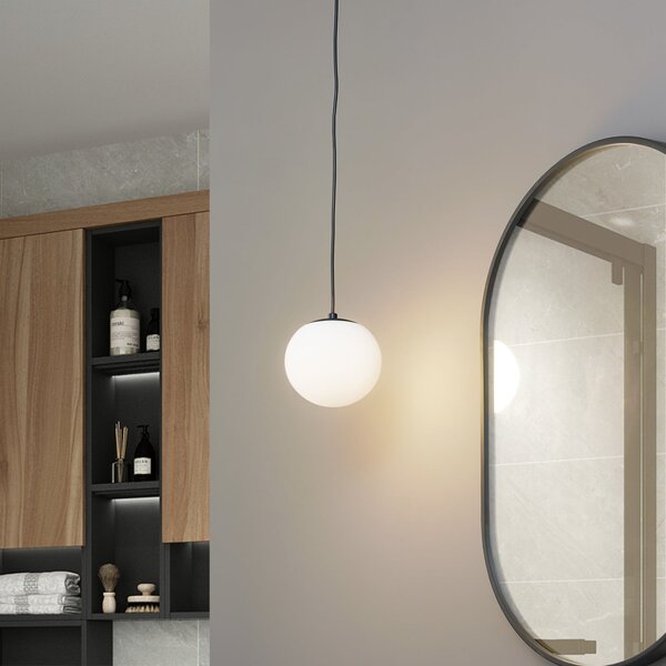 Lucande Lampă suspendată Bidolo, negru, sticlă, Ø 15 cm, IP44, reglabil, Alb, Baie, Sticlă, glob